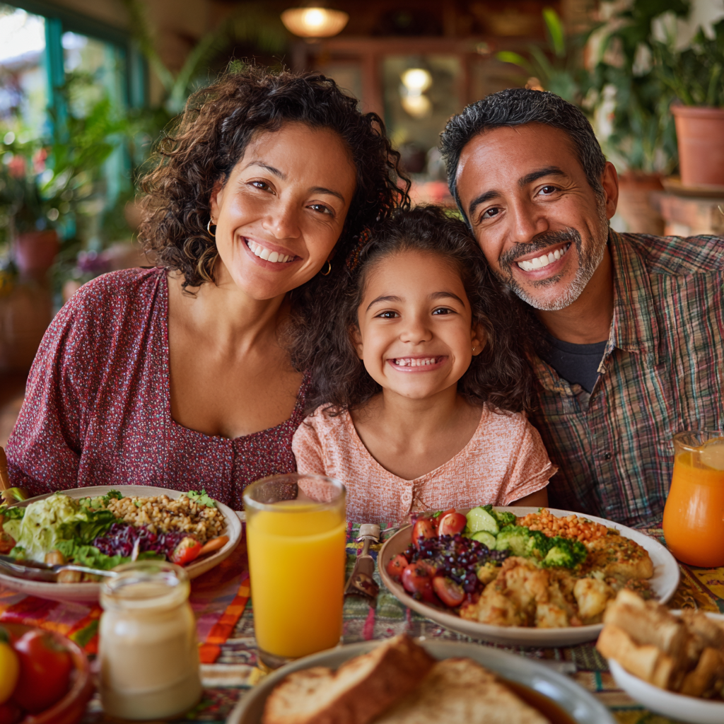 Mujer colombiana sonriente de mediana edad preparando una comida saludable en una cocina moderna, rodeada de frutas y verduras frescas